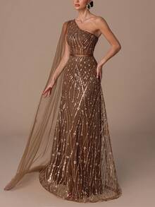 Luxuriöses asymmetrisches Ballkleid mit fließendem Chiffon-Cape und schmalem Taillengürtel, raffiniertes A-Linien-Paillettenkleid mit tiefem Rückenausschnitt und Kreuzriemen-Design sowie ausgestelltem Rock für formelle Abendessen, Hochzeitspartys, Gala-Events, Wohltätigkeitsbälle, elegante Kleider für Frauen