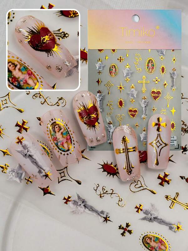 Ein europäischer Retro-Nagel-Aufkleber mit erhabener Laser-Heißprägung-Technologie, metallischem Gefühl, mit hochwertigen Mustern wie barocke Engel, Sternkreuze, Herzen usw., geeignet für persönliches DIY und Verwendung im Nagelstudio