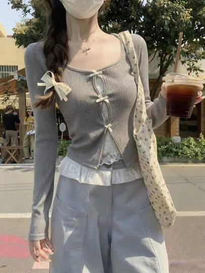 女士可爱长袖系带蝴蝶结装饰蕾丝拼接二合一长袖上衣，情人节，秋冬春季