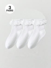 1/3 Pairs Girls White Breathable Knit Socks With Mesh & Lace Trim, Suitable For Autumn/Winter & All Seasons, Ins Style Princess Crew Socks For Home, School, Dance, Party, Holiday Gifts - White - View 26
