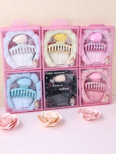 Set de regalo de 5 piezas que incluye diadema, muñequeras y pinza de pelo grande de esponja para spa para niñas, accesorios para el cabello con caja delicada para fiestas y uso diario