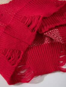 ANDREILEE Autumn/Winter Men's Casual Loose Solid Color Ribbed Flame Pattern Retro Streetwear Distressed Design Button V-Neck Cardigan Knit Long Sleeve Jacket - Red - View 8