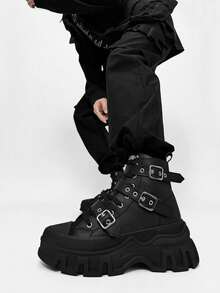 SLnU3 男士时尚厚底摩托车靴，纯色朋克街头学院风休闲工作服风格夜店户外扣式酷炫四季百搭