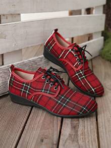 Giày Oxford đế xuồng buộc dây kẻ sọc đỏ thanh lịch, giày cao gót đế xuồng thời trang cho nữ - Đỏ - Xem 3