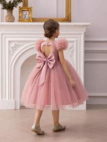 Young Girl Cap Sleeve Bow Tulle Elegant Princess Dress, Suitable For Birthday Party, Wedding, Banquet, Dance, Holiday Occasions, Flower Girl Dress - Pink - View 5