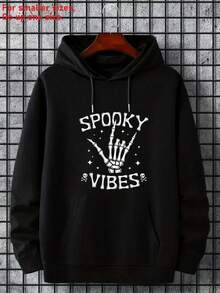 Men's Oversized Hoodie - Spooky Vibes Letter Print, Hooded Pullover Sweatshirt For Halloween & Casual Attire, Cozy Fall/Winter Clothing (Machine Washable, Local Delivery Available) - Men's Streetwear Essentials, Fall Winter Wear, Bold Lettering Design, Comfortable Fabric, Casual Hooded Top, Seasonal Shoppers,Fall Hoodies,Men's Fall Clothes,Street Wear,Halloween,Mens Hoodies,Y2k Clothes,Jesus Hoodie,Thanksgiving Day,Nightmare Before Christmas,Christmas - Black - View 1
