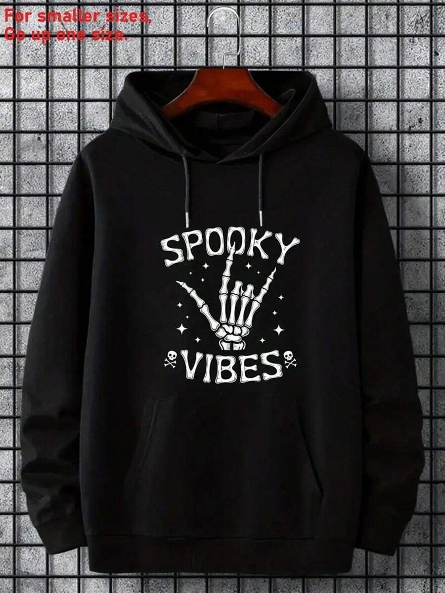 Men's Oversized Hoodie - Spooky Vibes Letter Print, Hooded Pullover Sweatshirt For Halloween & Casual Attire, Cozy Fall/Winter Clothing (Machine Washable, Local Delivery Available) - Men's Streetwear Essentials, Fall Winter Wear, Bold Lettering Design, Comfortable Fabric, Casual Hooded Top, Seasonal Shoppers,Fall Hoodies,Men's Fall Clothes,Street Wear,Halloween,Mens Hoodies,Y2k Clothes,Jesus Hoodie,Thanksgiving Day,Nightmare Before Christmas,Christmas - Black - View 1
