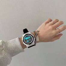 1pc Round White & Sky Blue Contrast Color Soft Plastic Strap Men's Watch, With Week Alarm Date Chronograph Luminous Digital Electronic Watch Suitable For Casual, Campus Life And Light Sports