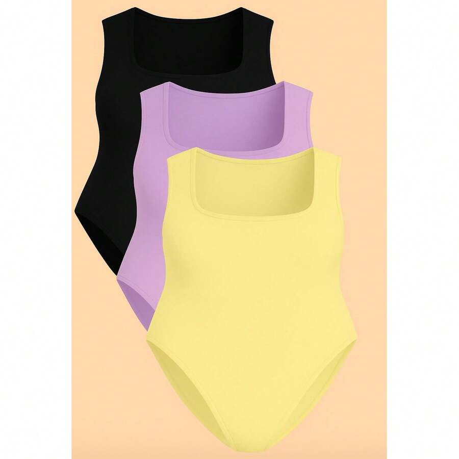 Kit 3 Bory Plus Size Body Bori Tank Top Thick Strap Closed Back Second Skin Fresh Fashion Spring Summer Timeless Clothes Large - BLACK/PURPLE/YELLOW - View 1