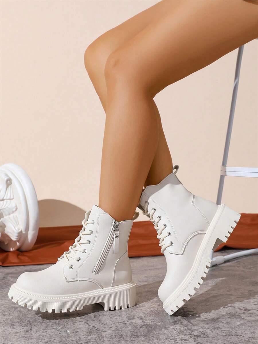 女士踝靴，系带弹力踝靴，粗跟圆头，保暖内衬，复古时尚修身靴，秋季款 - 米色 - 查看 1