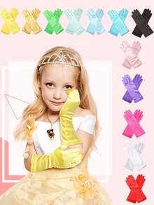 Girls Satin Princess Long Gloves, Solid Color Smooth Satin Costume Gloves For Children To Wear At Party, Wedding, Formal Occasions - Multicolor - View 1