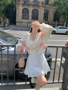 Kawaii Women's Himekaji Pink Three-Dimensional Bow Accessories Cute Minimalist Sexy Cardigan, Long Sleeve Tops