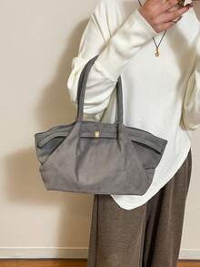 Dedoo 1 chiếc túi xách giả da lộn FEISTURE, dung tích lớn, màu trơn, kiểu dáng thanh lịch dành cho nữ, túi công sở phong cách retro, phù hợp cho nữ sinh, sinh viên, nhân viên văn phòng. - Xám - Xem 6