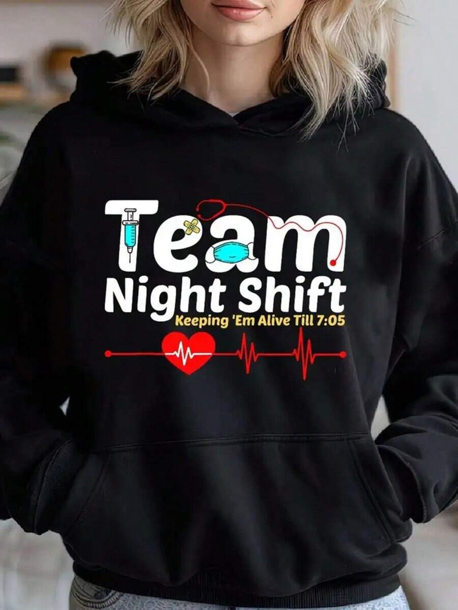 Night Nurse Life Comfort Hoodie - RN, LPN, CNA Inspired | Casual Long Sleeve Pullover With Heartbeat & Love Print | Cotton Blend With Pockets, Opaque | All-Season Wear, Night Nurse, Hoodie, Inspiration, Casual, Pockets,Fall Hoodies,Men's Fall Clothes,Street Wear,Halloween,Mens Hoodies,Y2k Clothes,Jesus Hoodie,Thanksgiving Day,Nightmare Before Christmas,Christmas - 黑色 - 查看 1