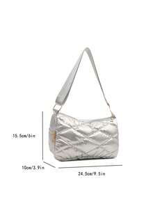 1 件绗缝闪亮涤纶拉链斜挎包，时尚女性日常使用 - 銀色 - 查看 2