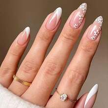 Nude Press On Nails Almond Shaped Fake Nails Medium Glossy Stick On Nail Natural Full Cover False Nail Acrylic Glue On Nails For Women - M-裸色和白色 - 查看 5