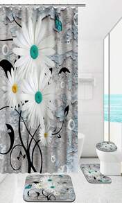 ENYORSEL Blue Bathroom Sets With Shower Curtain And Rugs, 4 Piece Geometric Bathroom Shower Curtain Set With Rugs, Incl Shower Curtain With 12 Hooks, Bath Mat, U-Shaped Floor Mat, Toilet Lid Oval Rug