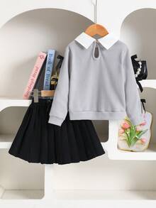 2pcs Girls Butterfly Decor & Print Bow Collar Long Sleeve Top + Pleated Skirt Set, Spring/Autumn