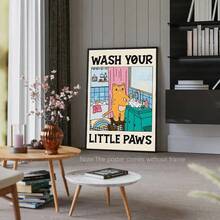 1 cartellone murale in tela, Lava le tue zampine, cartellone con uno stile artistico unico che raffigura un gatto vicino al lavandino, adatto per la decorazione artistica in camere da letto, soggiorni o appartamenti. Include regali di murali senza cornice o con cornice, estetica per la decorazione della stanza, decorazione della parete, decorazione vintage della stanza e raffinata decorazione della parete.