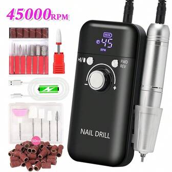 45000RPM Nail Drill Machine Portable Nail Polish Gel Sander Electric Professional Nail Lathe With LCD Display Multifunctional Grinder12 Drill Bits+56 Sand Bands