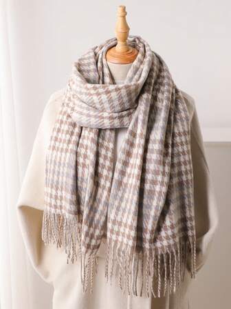 1pc Fall Winter Women's Elegant Vintage Multi Color Plaid Stripe Faux Cashmere Scarf/Shawl,With Tassels, Winter Warm Casual Thick Style Neck Scarf For Dress