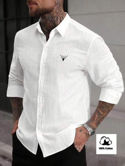 New Autumn/Winter Men's Mature Casual Classic Deer Head Embroidery Comfortable Linen Textured Long Sleeve Shirt