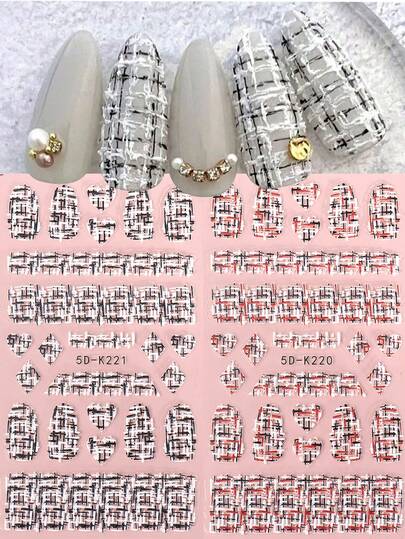 2片装黑白毛衣5D浮雕美甲贴纸，毛衣纹理美甲艺术星星爱心舒适针织设计自粘美甲贴花装饰DIY配件，适合女性女孩美甲用品