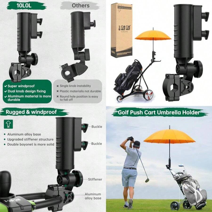 10L0L Heavy Duty Golf Push Cart Umbrella Holder Upgraded Aluminum Base 180 Degrees Adjustable Angle Golf Push Cart HolderUniversal For Stroller/Wheelchair/Bike - CarbonLeatherBlack - View 1