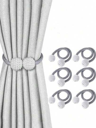 2pcs/4pcs/6pcs Gray Magnetic Curtain Clips, Faux Pearl Curtain Ties, Curtain Decorations, Magnetic Curtain Straps With Buckles, Window Tie Cord Clips For Home And Office, Pearl Decorative Cord Backing For Sheer Curtains Without Drilling