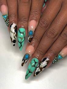 24 piezas de caja de regalo de uñas postizas de estilo vaquero occidental con diseño de nicho, patrón de turquesa azul con patrón de leche, estilo francés occidental lleno de asistencia diaria personalizada de niña, trabajo con artículos esenciales de viaje, uñas postizas desmontables con pegamento de gelatina 1 lima 1.