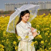1把小蕾丝伞，婚礼摄影道具伞，纯色蕾丝编织迷你舞蹈伞，宫廷风格阳伞，装饰伞 - 彩色 - 查看 3