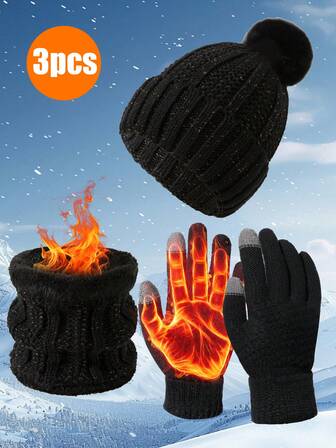 1 套 3 款男女通用冬季手套、围巾和帽子套装 - 升级罗纹袖口设计、2 指触摸屏、温暖针织手套，适合寒冷天气、跑步、驾驶 - 时尚、厚实、柔软舒适、厚袖口，适合寒冷天气