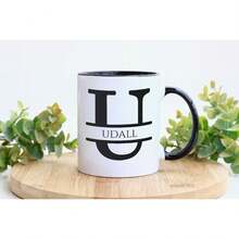 Personalized Monogram Coffee Mug, Initial Letter M Customized For Women Men Girls Boys Dads Moms Friends, Taza De Café Personalizada Con Monograma, Letra Inicial Black Handle Mug Letter M 11oz - Initial U - 查看 3
