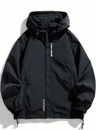 男士连帽长袖夹克，带口袋，印花外套，适合春秋季穿着