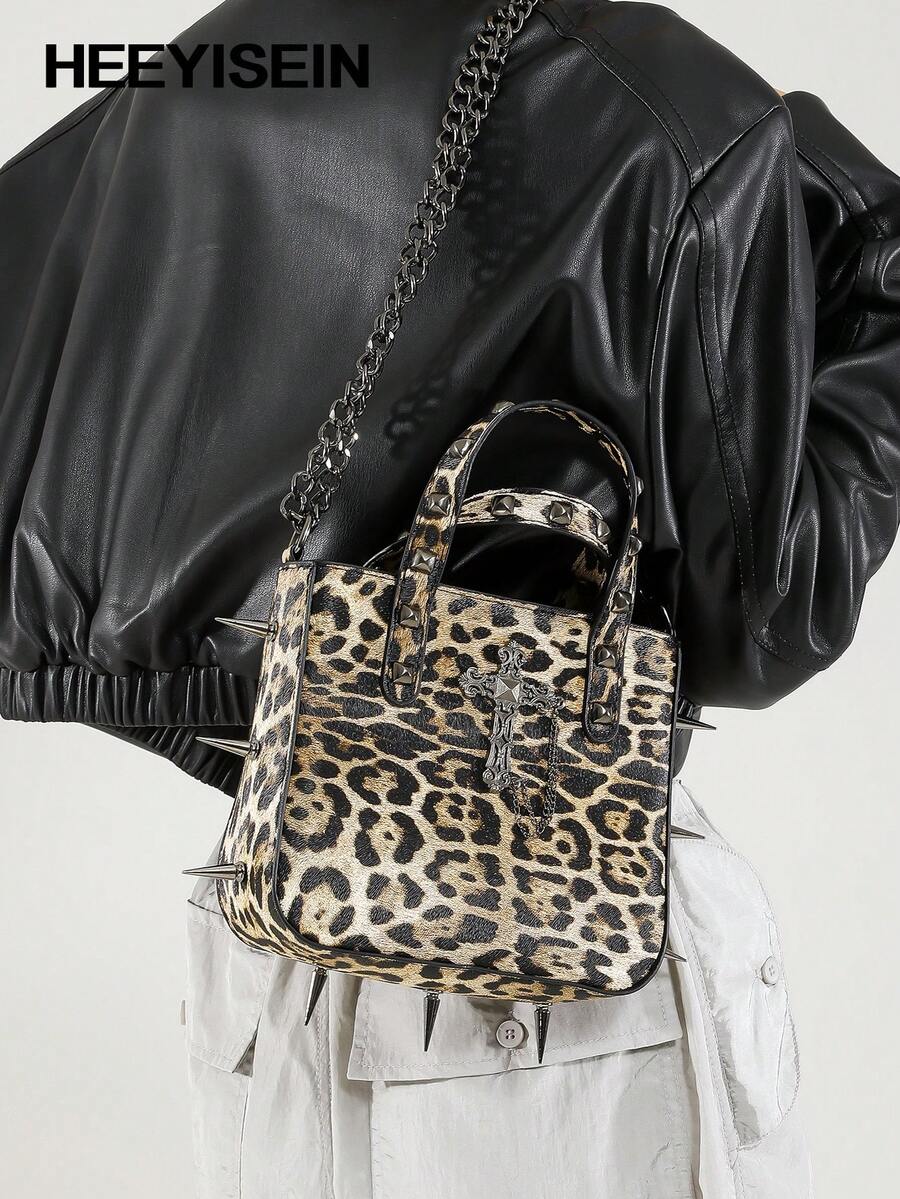 HEEYISEIN-Damen Y2K Leopard Nieten Schnallen Schultertaschen Punk Doppelriemen Clutch Geldbörsen
