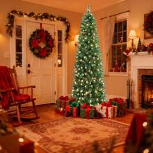 SHARECONN 4/5/6/7/7.5ft Prelit Artificial Hinged Slim Pencil Christmas Tree With Warm White Lights, Full Branch Tips, Good Choice Decoration For Xmas Holiday, 4 FT,5 FT,6 FT,7 FT,7.5 FT, Green