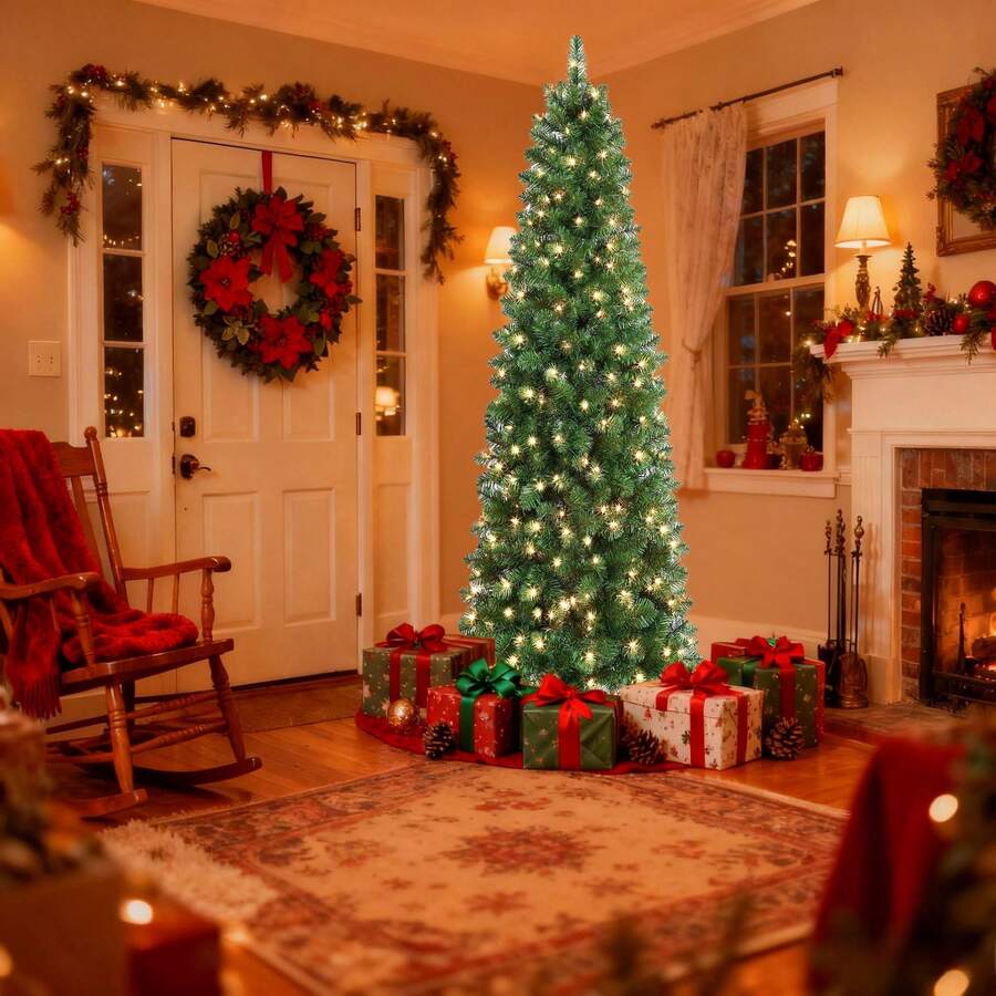 SHARECONN 4/5/6/7/7.5ft Prelit Artificial Hinged Slim Pencil Christmas Tree With Warm White Lights, Full Branch Tips, Good Choice Decoration For Xmas Holiday, 4 FT,5 FT,6 FT,7 FT,7.5 FT, Green