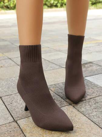 Women's Fashionable Solid Color Knitted Ankle Boots, Autumn/Winter, Slim Heel, Comfortable Plus Size Boots