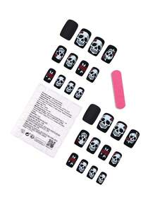 24pcs Halloween Nail Stickers, Matte Black Rose Skull Square Nail Art Stickers, Includes 1 Nail File And 1 Jelly Gel Nails Nail Supplies - Multicolor - View 3