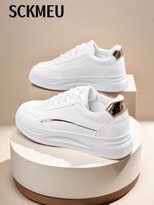 SCKMEU Women Lace Up Sneakers, Sporty Outdoor White Skate Shoes