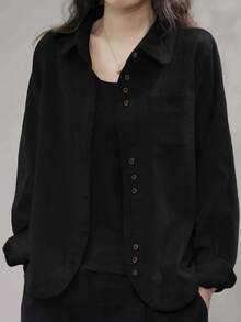 Camisas de mujer de pana con botones, de ajuste relajado, chaqueta de cárdigan de manga larga de moda casual, blusas holgadas con bolsillo, colección otoño 2025 - Negro - Ver 2