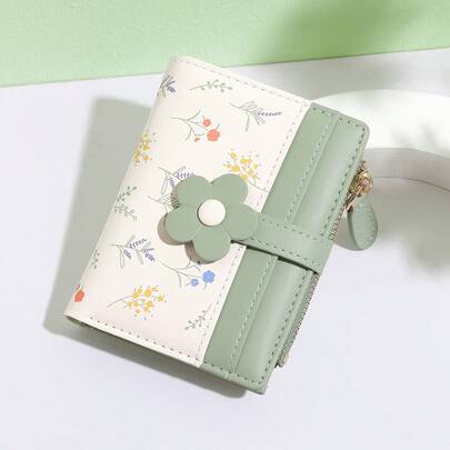 New Korean Cute Floral PU Leather Short Wallet Student Coin Purse Card Holder Zipper Pouch For Women Money Wallet Mini Wallet Purse Wallet Small Wallet Cute Wallet Card Wallet Coin Wallet