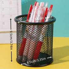 1pc Creative Iron Wire Mesh Desktop Pen Holder, Multifunction Colorful Grid Round Iron Net Storage Bucket For Students, Made Of High-Quality Iron Material, Sturdy And Durable, Exquisite Hollow-Out Design For Air Circulation, Effectively Prevents Moisture And Keeps Stationery Dry