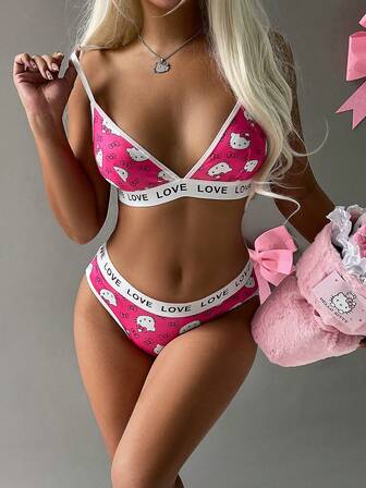 Sanrio 2pcs  Women's Printed Triangle Cup Bra + Elastic Waist Triangle Panty Set
