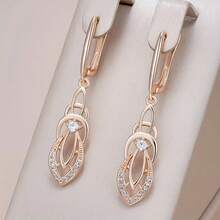 A Pair Of Long Bohemian Style Earrings With Inlaid Round Synthetic Zirconia, Perfect For Parties, Banquets, And Weddings - Rượu sâm panh vàng - Xem 2