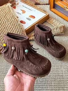 1 Pair Autumn/Winter New Retro Suede Children Boots, Girls Korean Version Tassel Short Boots With Back Zipper, Princess Shoes