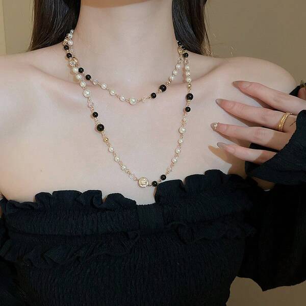 1 Peça Colar Longo Vintage Elegante com Camadas de Pérolas Falsas e Contas de Vidro com Floral, Outono/Inverno