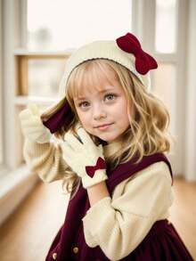 2pcs/Set Girls' Autumn/Winter Knitted Beret Hat And Gloves Set, Retro Palace Style - 2pcs - View 7