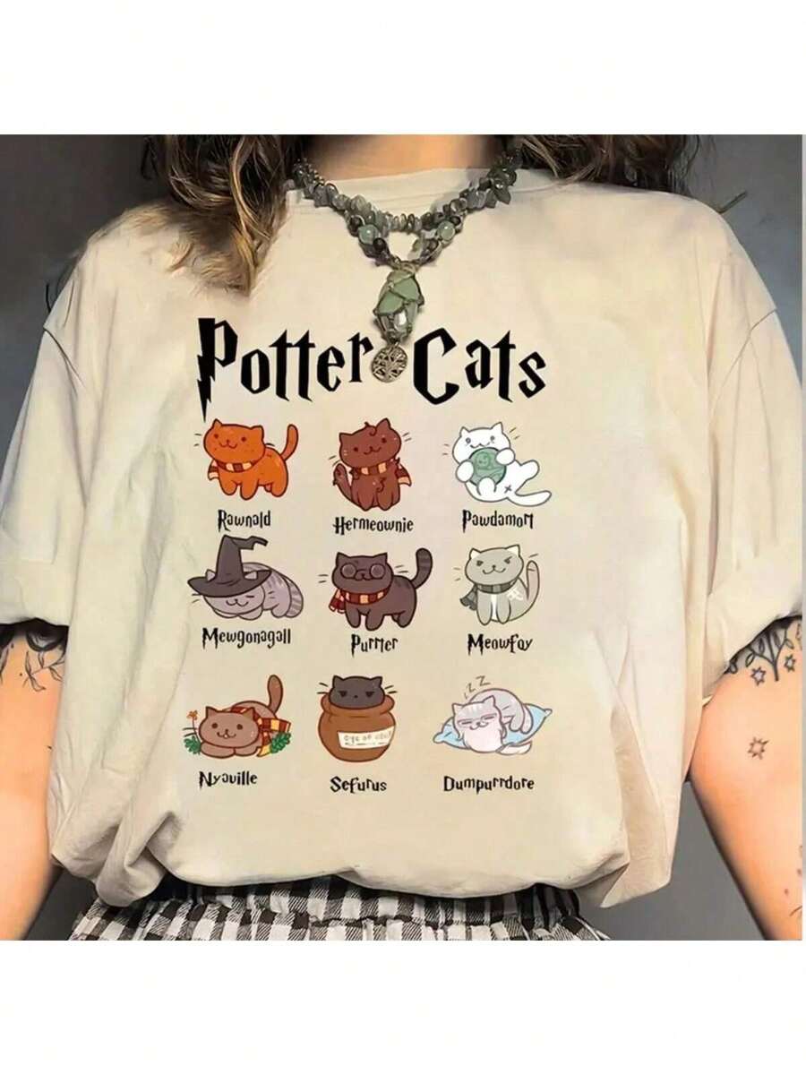 Basic Unisex Cotton Cats Witches Cats T-Shirt - 卡其色 - 查看 1