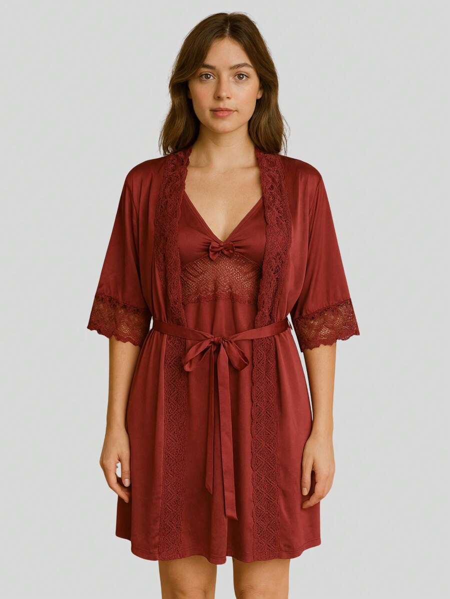 Luxury Romantic And Lace Robe Comfortable Bathrobe Night Line Bride And Maternity - Burdeos - Ver 1